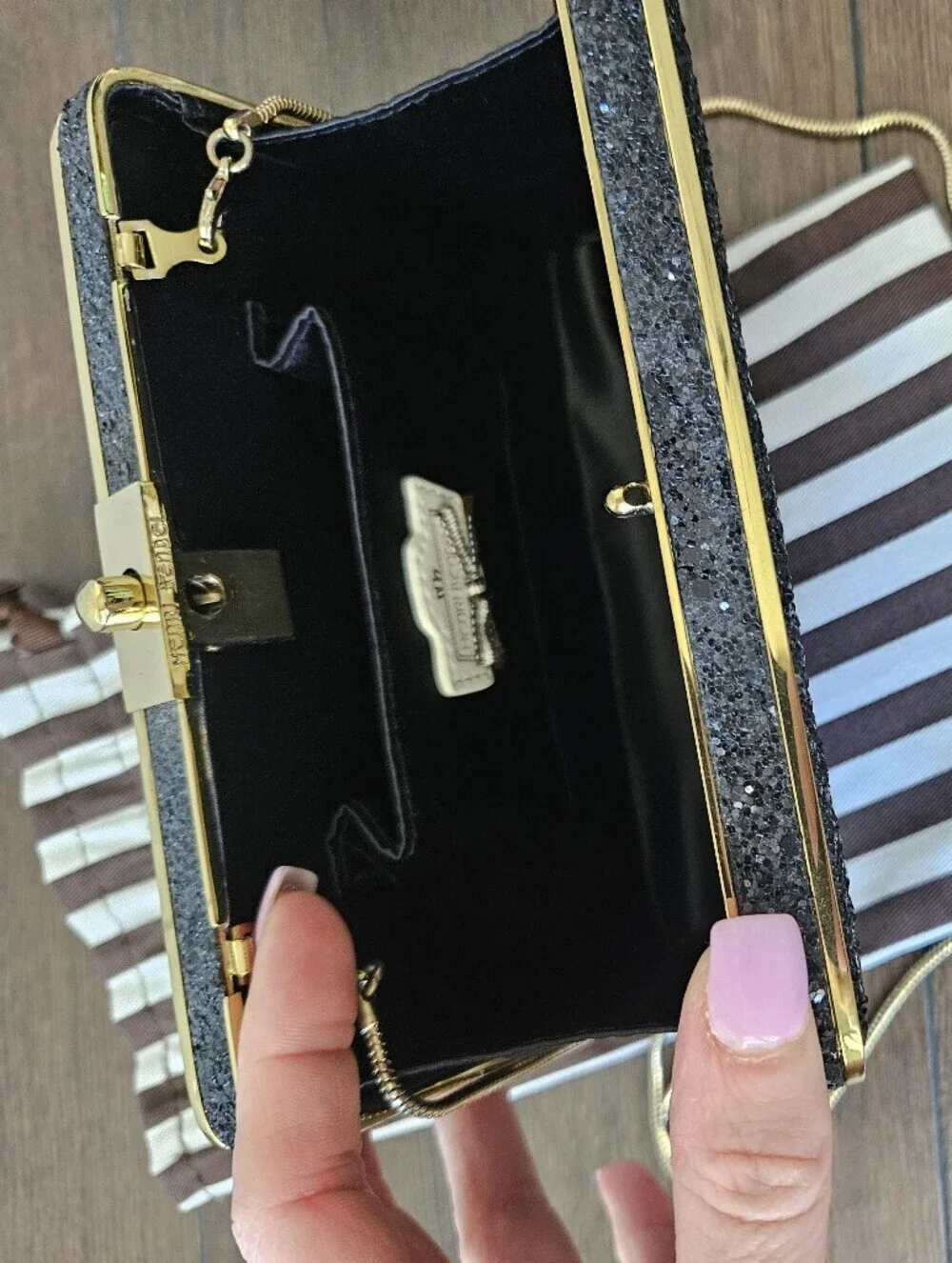HENRI BENDEL Black Glitter Box Clutch Crossbody Evening Bag Gold Hardware +Dusty